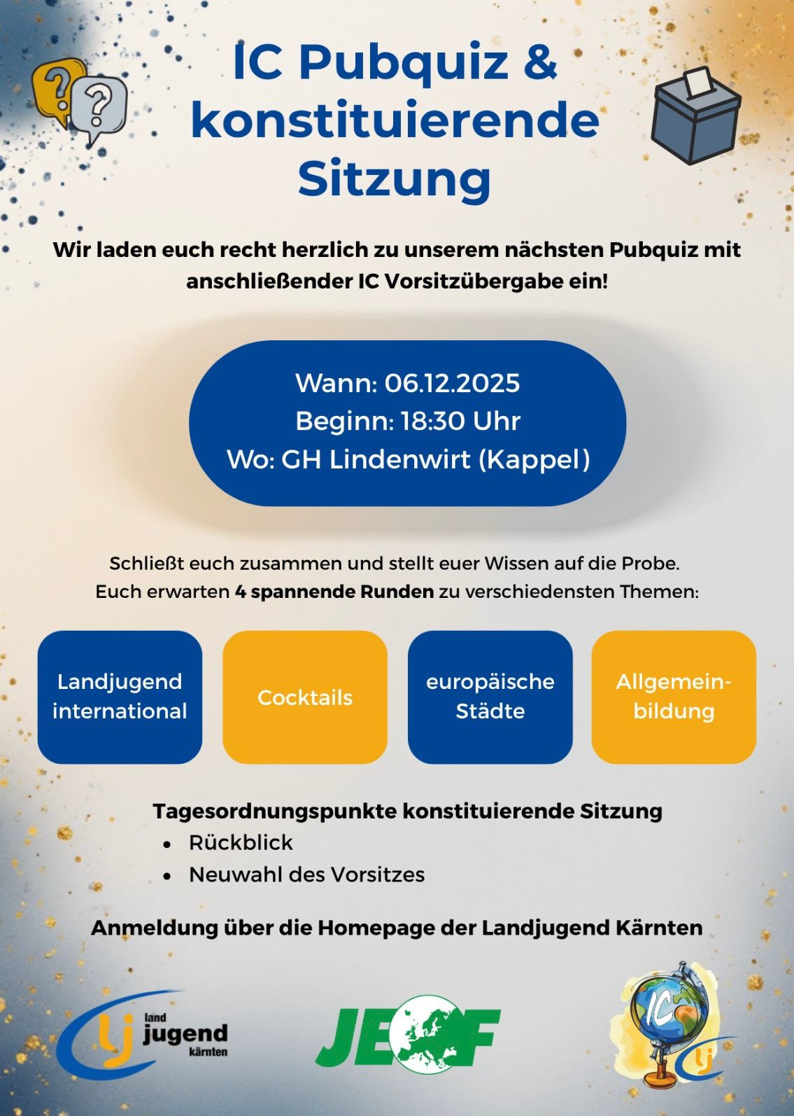 IC: konstituierende Sitzung und Pubquiz